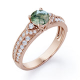Antique 4 Prong 1.50 Carat Round Cut Green Moss Agate And Diamond Vintage Milgrain Layered Engagement Ring In Black Gold