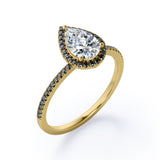 Halo Design 1.45 TCW Pear Cut Moissanite with Lab Created Black Diamond Scalloped Pave Engagement Ring in Rose Gold