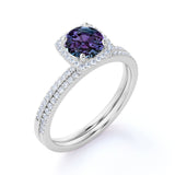 Simple Four Prong 1.75 Carat Round Cut Created Alexandrite and Diamond Halo Pave Bridal Set Rings for Women