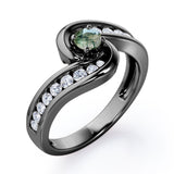 Spinning 0.7 carat Round Green Moss Agate and Moissanite Channel Engagement Ring in White Gold