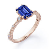 Sharp Eight Claws 1.10 Carat Emerald Cut Sapphire And Diamond Beaded Engagement Ring In Rose Gold