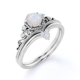 0.75 Ct Round Cut Lab Created Opal Crown Wedding Ring Set