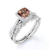 1.5 Carat Cushion Cut Peach Morganite and Diamond Wedding Ring Set in 10k Rose Gold Celebrity Ring