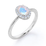 1.50 Carat Oval Blue Moonstone Halo Engagement Ring in White Gold - Moonstone Statement Ring
