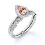 Classic Pave 1.50 Carat Pear Shape Morganite and Diamond Halo Bridal Ring Set with Art Deco Band in White Gold