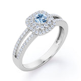 Double Halo 1.55 Carat Round Cut Aquamarine And Diamond Split Shank Engagement Ring In White Gold