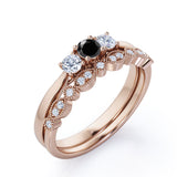 1.30 Carat Round Cut Lab Grown Black Diamond Trilogy Wedding Ring Set In White Gold