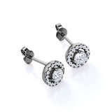Half Bezel Set 1.10 Carat Round Certified Moissanite and Diamond Under Halo Modern Stud Earrings in White Gold