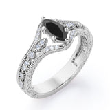 Unique Six Prongs 1.25 Carat Marquise Cut Black Diamond Vintage Filigree Engagement Ring In White Gold