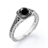 Double Prong Cluster - 1.4 TCW Round Lab Created Black Diamond - Filigree Pave Channel Engagement Ring in White Gold
