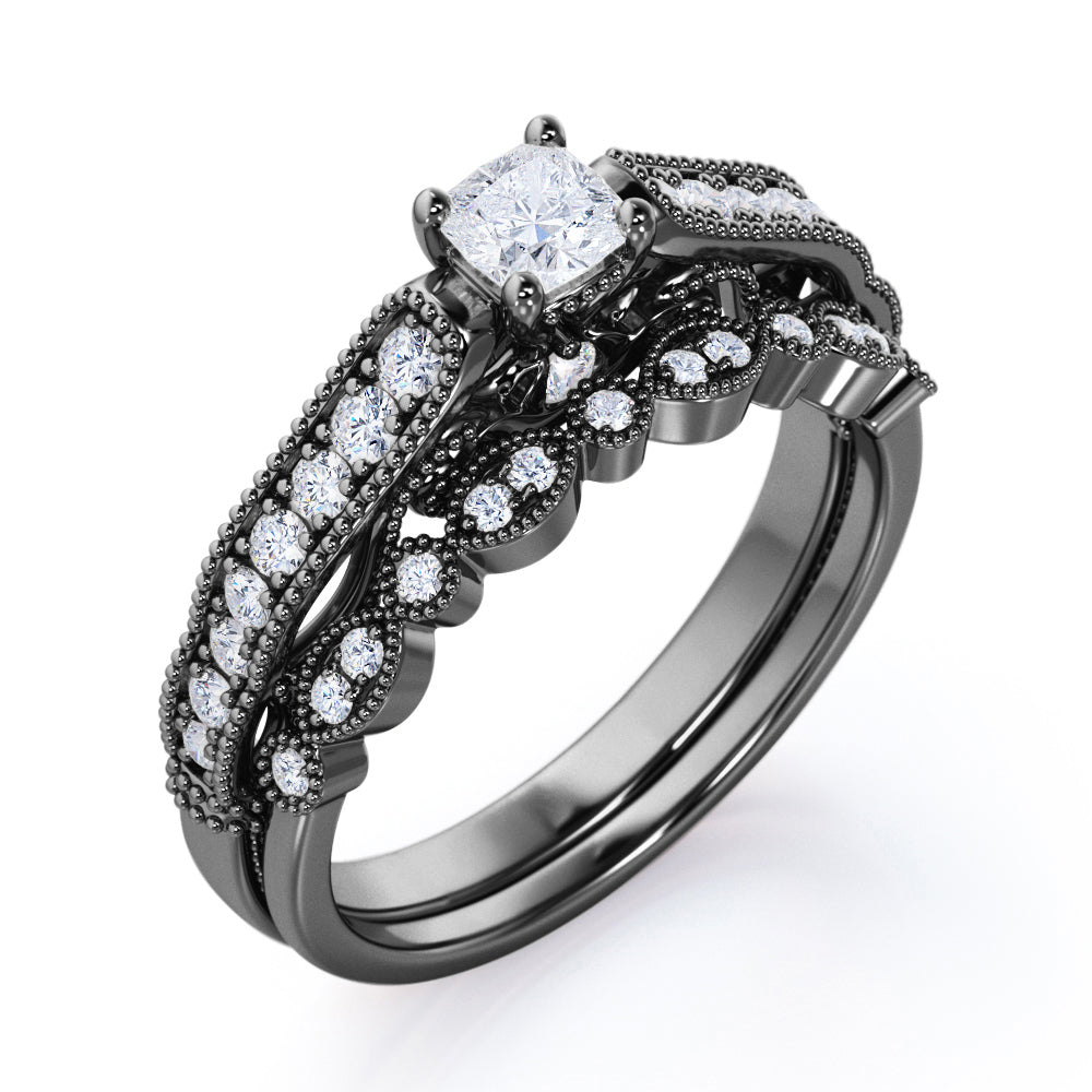 Vintage-inspired 1 carat Cushion Cut Moissanite and Diamond Wedding Set in White Gold - Anniversary Gift