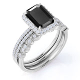 Affordable 2 Carat Emerald cut Lab Black Diamond Antique Wedding Trio Ring Set in White Gold