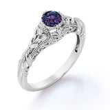Non Traditional Three Stone 1 Carat Round Cut Lab Created Alexandrite and Diamond Art Deco Filigree Engagement Ring in White Gold for Women