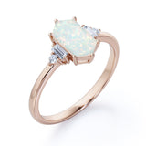 Unique Six Prong Basket Set 1.15 Carat Hexagon Shaped White Fire Opal And Diamond Five Stone Engagement Ring In White Gold.