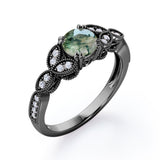 Floral Pattern 1.35 Carat Round Cut Green Moss Agate And Diamond Beaded Art Deco Engagement Ring In White Gold
