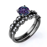 4 Prong Solitaire 1.50 Carat Round Cut Lab Grown Alexandrite and Diamond Marquise Dot Art Deco Wedding Ring Sets