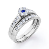 Flower Cluster Design 0.5 TCW Round-Shaped Blue Sapphire and Moissanite Flush-Channel Bridal Ring Set in Rose Gold