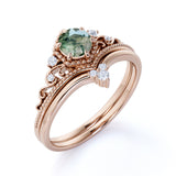 0.6 Carat 6 Prong Hexagon Milgrain Crown Round Shape Genuine Druzy Moss Green Agate And Moissanite Chevron Wedding Ring Set In 18K Rose Gold Plating Over Silver
