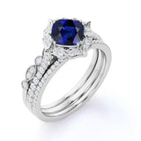 Art Deco 2 Ct Cushion Cut Lab Sapphire Trio Set
