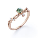 Twisted Up-Side Down 0.55 carat Round Moss Agate and Moissanite Engagement Ring in White Gold