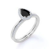 1.35 Carat Pear cut Lab Black Diamond Bridal Set with semi eternity wedding band in White Gold