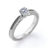 Edwardian Style - 1.25 TCW Round Cut Moissanite with Lab Created Black Diamond - Milgrain Bordered Engagement Ring in White Gold