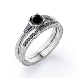 Three-Stone Prong 1.35 TCW Round Cut Lab Created Black Diamond Lattice Bridal Ring Set in White Gold
