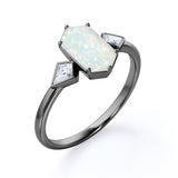 Trillion Six Prong 1.20 Carat Hexagon Shaped White Opal And Diamond Three Stone Bezel Set Engagement Ring In White Gold