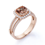 Vintage 1.50 ct Cushion Cut Pink Morganite & Moissanite Halo Wedding Ring in 18K Rose Gold over Silver