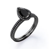 Scalloped Pave - 1.75 TCW Pear Shaped Lab Created Black Diamond - Halo Design Bridal Set in White Gold