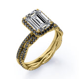 Crossover with Pave Accents - 1.75 TCW Emerald Cut Moissanite with Lab Created Black Diamond - Halo Bridal Ring Set in White Gold