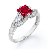 Vintage Eight Prongs 1.30 Carat Princess Cut  Lab Ruby And Diamond Marquise Framed Beaded Engagement Ring In Rose Gold