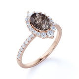 1.50 ct Oval Black Rutilated Quartz Halo Pave Engagement Ring