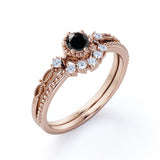 Dainty 0.75 Carat Round cut Lab Black Diamond Solitaire Bridal Ring Set in White Gold