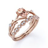 1.35 Carat pear cut Morganite and Diamond Halo art deco Wedding Ring Set in Rose Gold
