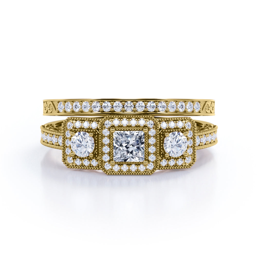 1.25 Carat Princess Cut Moissanite And Diamond Three Stone Trilogy Wedding Ring Set In White Gold