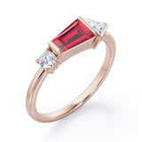 Lovely House Three Stone 1 carat Baguette Lab Ruby and moissanite Engagement Ring in Rose Gold