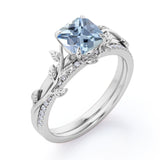 1.25 Carat Cushion Cut Aquamarine And Diamond Nature-Inspired Wedding Ring Set in White Gold