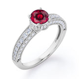 Classic Four Prong 1.45 Carat Round Cut Lab Ruby And Diamond Vintage Milgrain Engagement Ring In White Gold