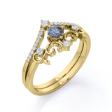 Non Traditional Solitaire 0.75 Carat Round Cut Black Rutilated Quartz and Diamond Filigree Bridal Set Rings