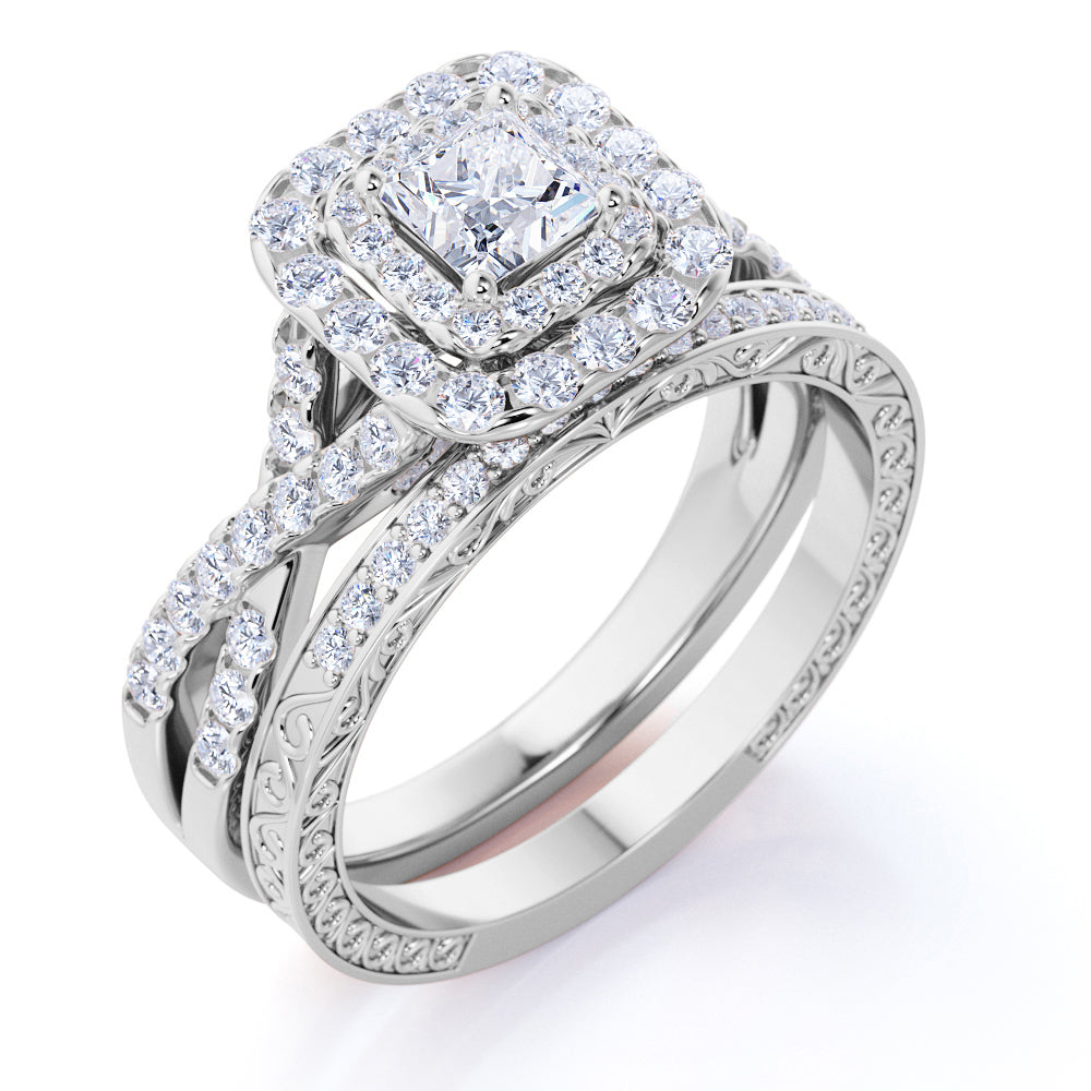1.25 ct - Square Diamond - Double Halo - Twisted Band - Vintage Inspired - Pave - Wedding Ring Set in 10K White Gold