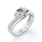 3 Stone Shared Prong - 1 TCW Princess Cut Green Moss Agate and Moissanite - Pave Curved Shank Wedding Set - Rose Gold