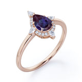 Simple Antique 5 Stone 1.25 Carat Pear Shaped Synthetic Purple Alexandrite and Diamond Halo Engagement Ring in White Gold for Women