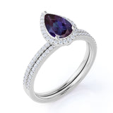 Intricate Traditional Halo 1.75 Carat Pear Cut Lab Grown Alexandrite and Diamond Half Eternity Pave Bridal Set Rings