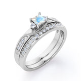 Trilogy Duo Milgrain 0.7 TCW Princess Cut Moonstone and Moissanite Vintage Bridal Ring Set in White Gold