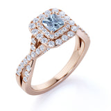Three Stone 1.50 ct Princess Aquamarine Halo Engagement Ring
