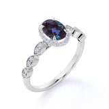 Four Claws Under Halo 1.50 Carat Oval Cut Synthetic Alexandrite and Diamond Marquise Dot Art Deco Engagement Ring