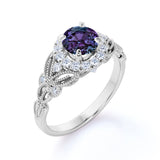 Antique Floral Milgrain 1.25 Carat Round Cut Created Alexandrite and Diamond Cluster Engagement Ring - Gifts for Her