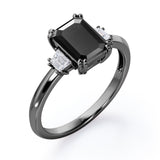 Past, Present and Future 1.10 Carat Emerald Cut Black Diamond Three Stone Engagement Ring In White Gold