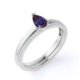 Dainty Single Stone 0.75 Carat Pear Shape Lab Created Alexandrite and Diamond Pave Wedding Ring Sets